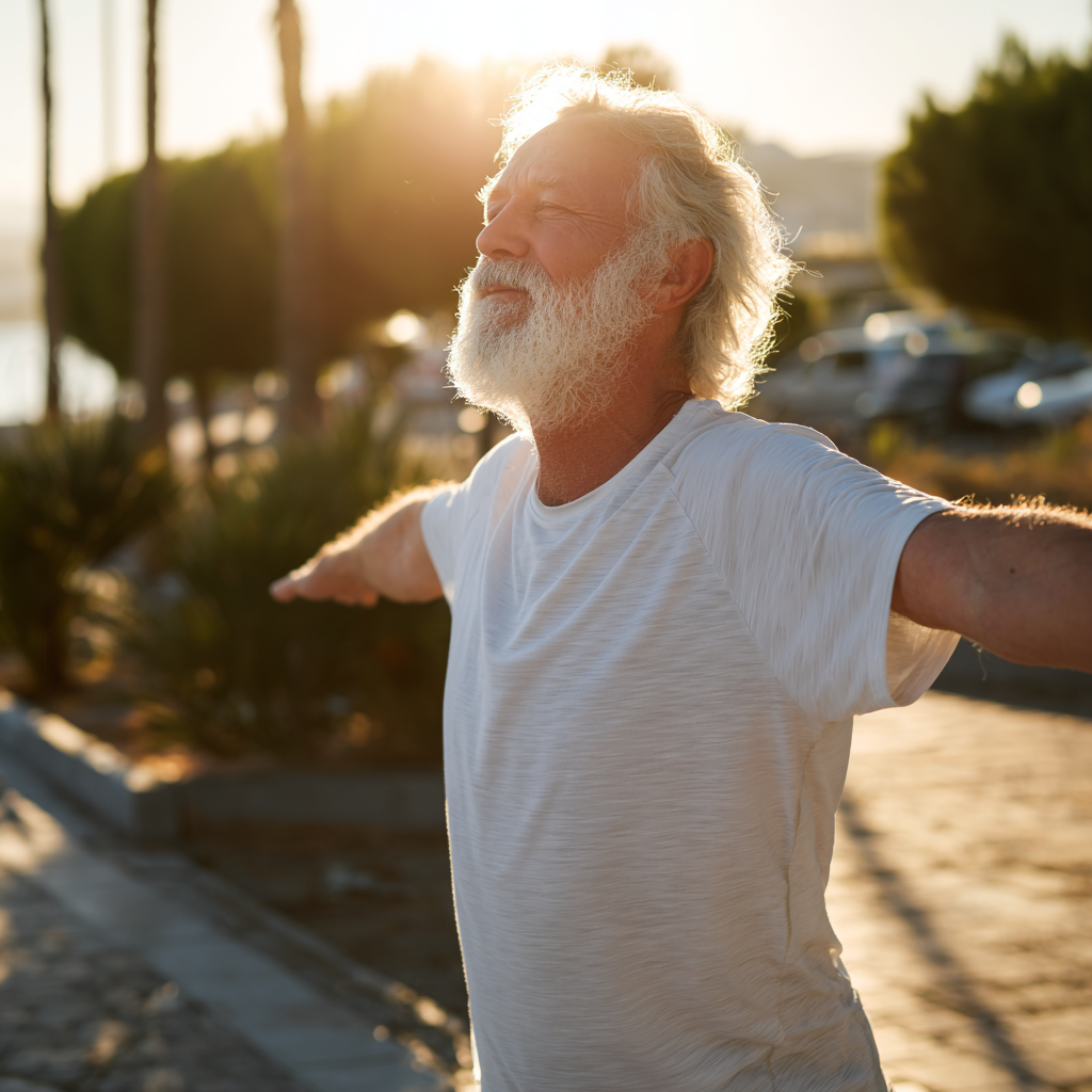 Active senior man doing outdoor exercises in morning sunlight
