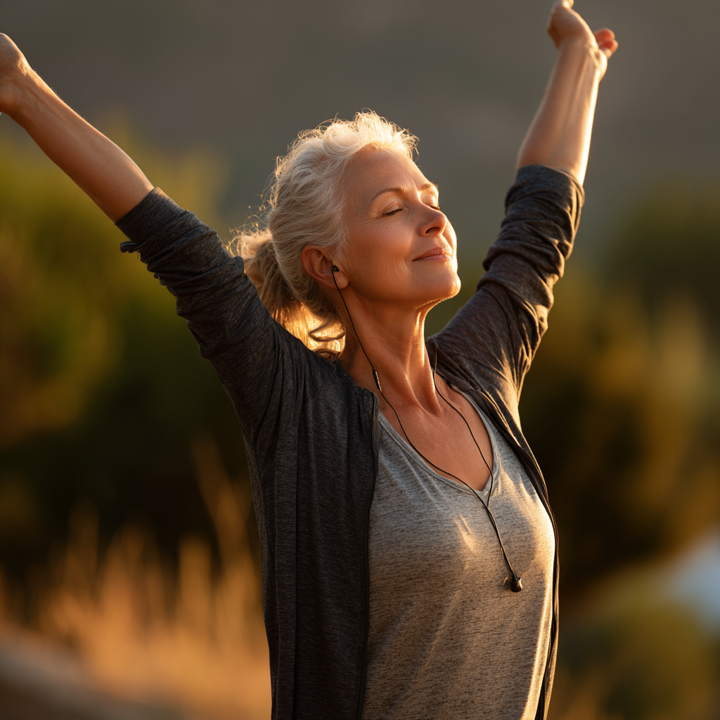 Middle-aged woman stretching outdoors in peaceful morning light